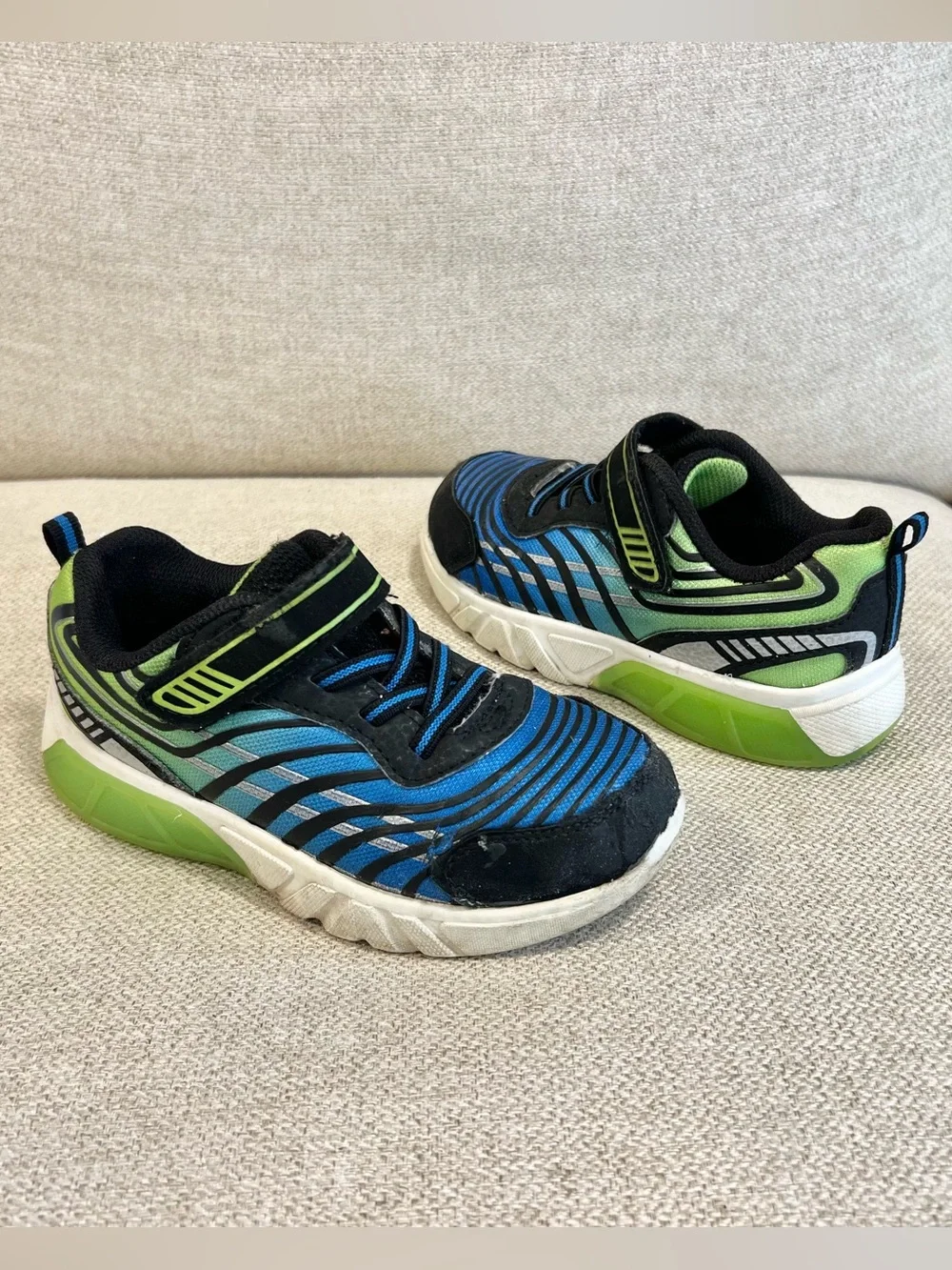 Athletic Works Boys Size 11 Blue Green Hook & Loop Sneakers GUC